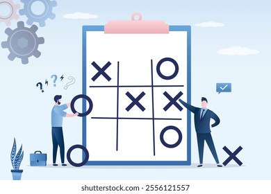 Business strategy, decisions and competition concept. Confident entrepreneur and smart businessman playing Tic-tac-toe on clipboard. Business game. flat vector illustration