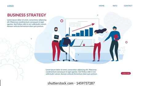 Business Strategy Design Landing Page for Data Analysis. People Interact with Charts and Analyze Statistics. Seo Male Female Analytics Team for Optimization and Development. Vector Flat Illustration