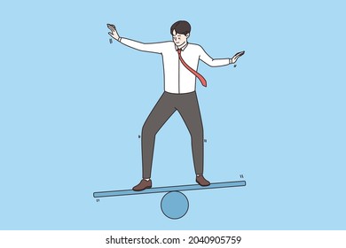 Estrategia empresarial y concepto de desarrollo. Joven empresario sonriente parado en el patinaje tratando de equilibrar la armonía en la mente ilustración vectorial 