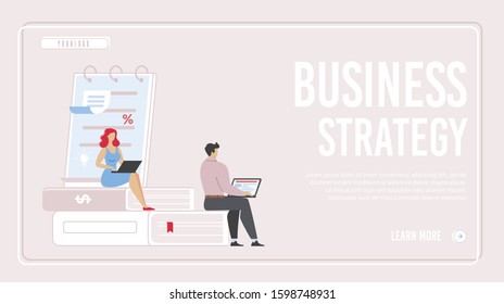 Business Strategy Development Flat Landing Page in Frame. Project Management. Consulting Man and Woman Team Working on Business Planning and Analyzing Statistics. Vector Cartoon Illustration