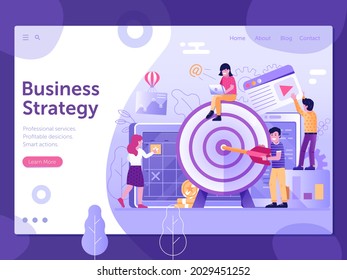 Banner web de desarrollo de estrategia de negocio con equipos que desarrollan objetivos de la empresa y posicionamiento de objetivos. Plantilla de la página de inicio de planificación estratégica de marketing con el empleado y el gerente alcanzando el objetivo.