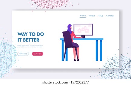 Business Strategy Development Website Landing Page. Businesswoman Sitting at Desk Working on Computer with Cogwheel Mechanism on Screen. Creativity Web Page Banner. Cartoon Flat Vector Illustration