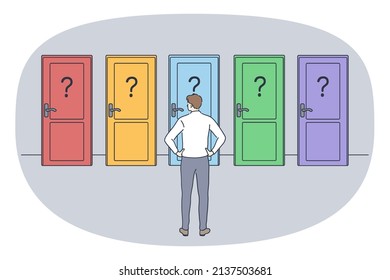 Business strategy and direction concept. Young businessman standing backwards and trying to choose witch door to open and way of development vector illustration 