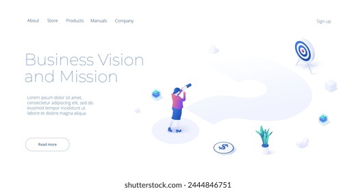 Business strategy direction and strategy vector illustration in isometric design. Strategic planning and vision concept with compass and female. Web banner layout.