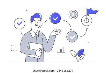 Business strategy doodle. Man with steps to finish. Businessman and entrepreneur. Aspiration and motivation, vision of future. Simple flat vector illustration isolated on white background