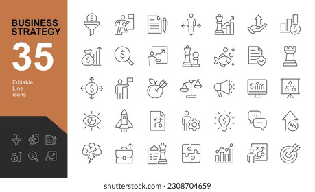 Conjunto de iconos editables de estrategia de negocio. Ilustración vectorial en modernos iconos de línea delgada: objetivos, ideas, métodos y finanzas. Pictogramas e infografía