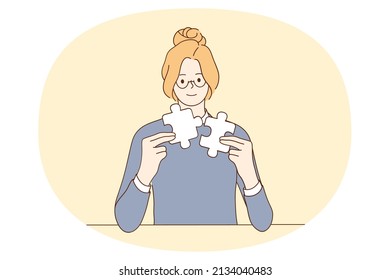 Business strategy and efforts concept. Young smiling business woman sitting and getting together pieces of one puzzle vector illustration 