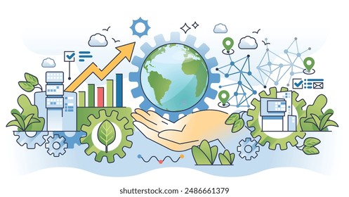 Entorno de estrategia de negocios para el desarrollo verde delinear el concepto de manos. Ecología y crecimiento sostenible para la futura Ilustración vectorial conservacionista. Gestión ASG para el objetivo de responsabilidad corporativa