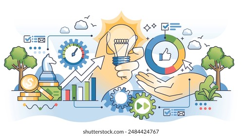 Business strategy examples for development planning outline hands concept. Successful company growth with strong leadership and vision vector illustration. Work performance and productivity boost.