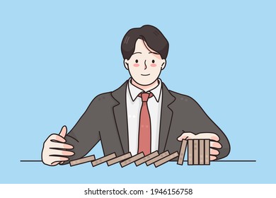 Business strategy, failure, strength concept. Young smiling businessman sitting and trying to hold wooden block while falling for business concept vector illustration 