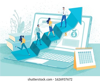 Business Strategy for Financial Growth Training. Flat Poster Advertising Coaching Courses. Cartoon Businessperson Group Climb up Growing Arrow Stairs over Huge Laptop and Calendar. Vector Illustration