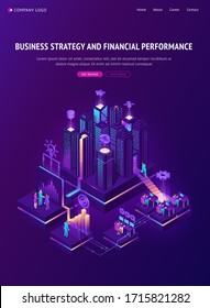 Business Strategy und Financial Performance Banner. Infografik der Vektorillustration zur Finanzanalyse, Unternehmensführung und Kommunikation mit isometrischen Menschen, Städten, Symbolen und Graphen