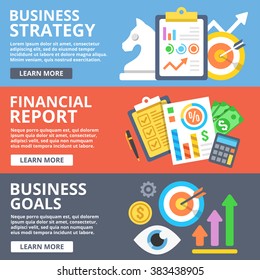 Business Strategy, Financial Report, Business Goals Flat Illustration Concepts Set. Creative Modern Flat Design Concept For Web Banners, Web Sites, Printed Materials, Infographics. Vector Illustration