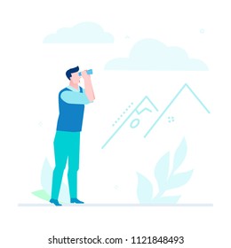 Business strategy - flat design style illustration on white background. High quality composition with a worker, businessman looking through binocular at the mountains. Goal setting, targeting concept