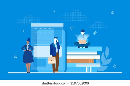 Business strategy - flat design style colorful illustration on blue background. A composition with managers, business people working at laptops, chatting with colleagues, pile of books, big smartphone