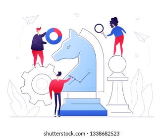 Business strategy - flat design style colorful illustration on white background. A composition with male, female managers, creative team standing at the chess knight with a magnifying glass, diagrams