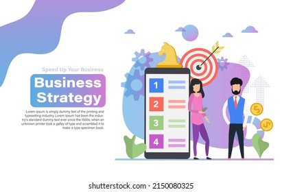 Ilustración vectorial plana de estrategia empresarial. Escena con hombres y mujeres cerca del smartphone