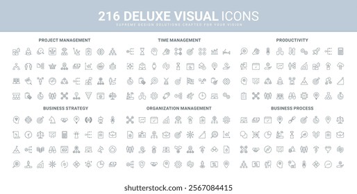 Business strategy, goal and time management, project system structure and workflow plan line icon set. Communication and loyalty in enterprise team thin black outline symbols vector illustration