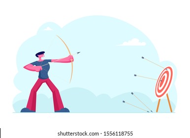 Business Strategy and Goals Achievement Concept. Businessman Archer Shooting to Huge Target Holding Bow with Arrow. Aims Mission Opportunity Challenge Task Solution. Cartoon Flat Vector Illustration