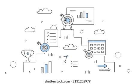 Business strategy and goals concept. Vector hand drawn illustration of targets and growth with pyramid of steps with dartboards with arrows, award, checklist and charts