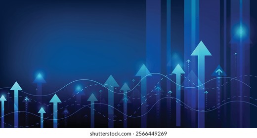 business strategy growth blue abstract background with arrows upside indicate, graph stock market trading investment. chart trend profit income.  