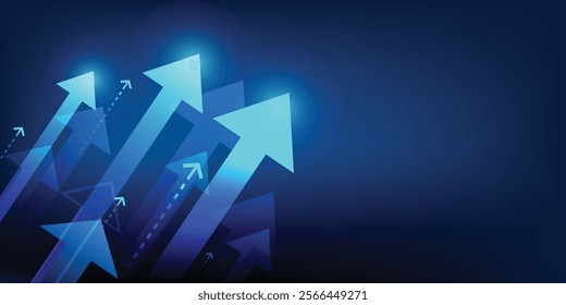 business strategy growth blue abstract background with arrows upside indicate, graph stock market trading investment. chart trend profit income.  