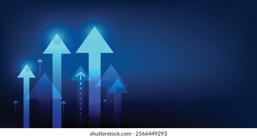 business strategy growth blue abstract background with arrows upside indicate, graph stock market trading investment. chart trend profit income.  