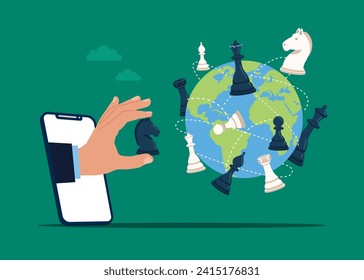 Business strategy. Hand put chess figure black horse on world map across globe. Flat vector illustration