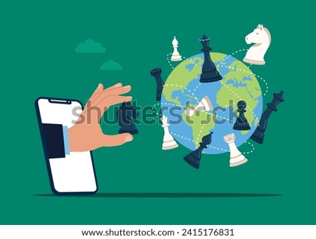 Business strategy. Hand put chess figure black horse on world map across globe. Flat vector illustration