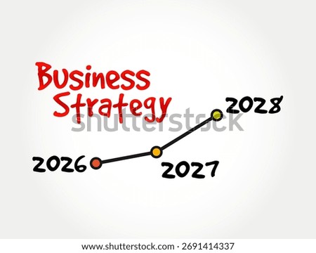 Business Strategy - hand-drawn style graph showing growth from 2026 through 2028 with colored dots connected by an upward line, symbolizing planning, progress, and long-term business success