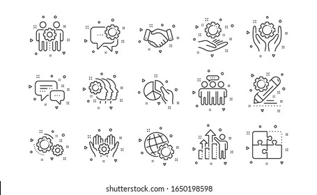 Business strategy, handshake and people collaboration. Employees benefits line icons. Teamwork, social responsibility, people relationship icons. Linear set. Geometric elements. Vector
