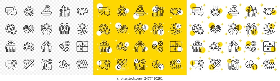 Business strategy, handshake and people collaboration. Employees benefits line icons. Teamwork, social responsibility, people relationship icons. Growth chart, employees benefits. Vector