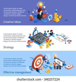 Business Strategy Horizontal Banner Set With Creative Ideas And Effective Management Isometric Elements Isolated Vector Illustration