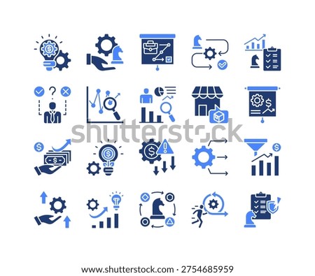 Business Strategy Icon Collection, featuring Strategic Planning, Market Research, Competitor Analysis, Resource Allocation, Optimization, Adaptation, Disruption.