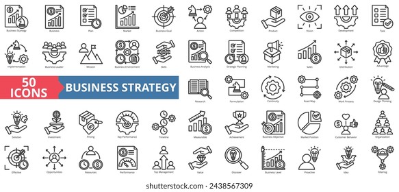 Business strategy icon collection set. Containing business, plan, market, goal, action, competition, product icon. Simple line vector