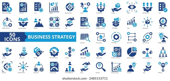 Business strategy icon collection set. Containing business, plan, market, goal, action, competition, product icon. Simple flat vector