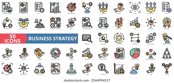 Business strategy icon collection set. Containing business, plan, market, goal, action, competition, product icon. Simple flat outline vector illustration