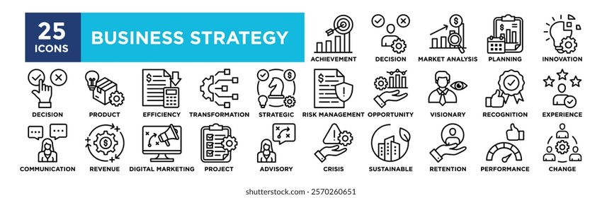 Business Strategy icon collection set. Containing design Target Achievement, Decision Making, Market Analysis, Financial Planning, Innovation
