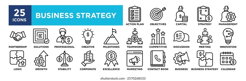 Business Strategy icon collection set. Containing design Action Plan, Objectives, Capital, Financial Strategy, Finance Management