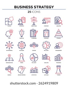 Business strategy icon collection set. Containing business, planning, strategy, strategic plan, brainstorming, analysis, statistics icon. Simple line color vector.