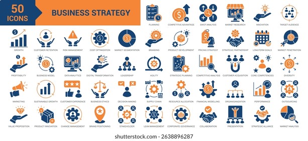 Business Strategy icon collection set. Containing project plan, competitive advantage, swot analysis, market research, business innovation, decision-making, long term goals icon. Simple flat vector
