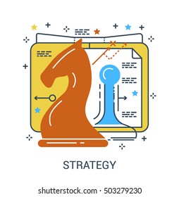 Business strategy icon concept, chess knight with growth arrows. 