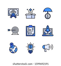 Business & Strategy icon set = Certificate, unboxing, insurance, tartget goal, tactics, rocket launch, world, idea, megaphone