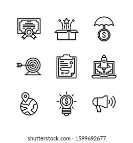 Business & Strategy icon set = Certificate, unboxing, insurance, tartget goal, tactics, rocket launch, world, idea, megaphone