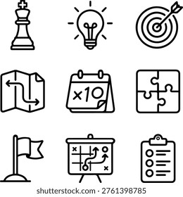 Business strategy icon set with chess piece lightbulb map and puzzle for creative solution