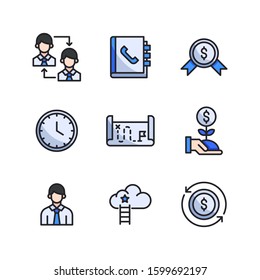 Business & Strategy icon set = Collaboration, phone book, award, time, map, growth, business man, potential, billing