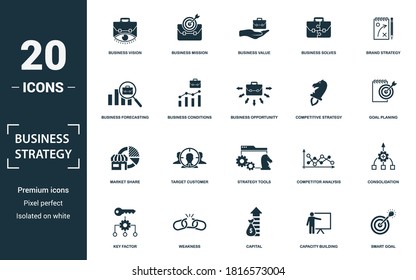 Business Strategy icon set. Collection of simple elements such as the business vision, business mission, value, solves. Business Strategy theme signs.