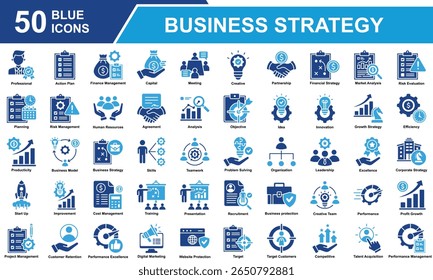 Coleção de Conjuntos de Ícones de Estratégia Comercial. Contendo Profissional, Gerenciamento Financeiro, Análise De Mercado, Recursos Humanos, Gerenciamento De Custos, Habilidades, Gerenciamento De Desempenho. Ilustração simples de vetor azul.