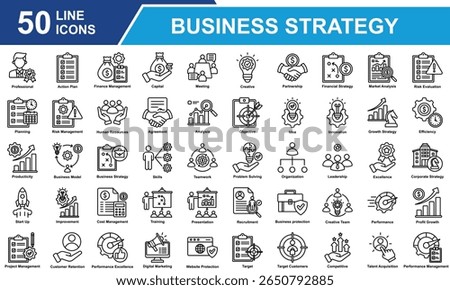 Business Strategy Icon Set Collection. Containing Professional, Finance Management, Market Analysis, Human Resources, Cost Management, Skills, Performance Management. Simple Line Vector Illustration.