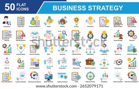 Business Strategy Icon Set Collection. Containing Professional, Finance Management, Market Analysis, Human Resources, Cost Management, Skills, Performance Management. Simple Flat Vector Illustration.